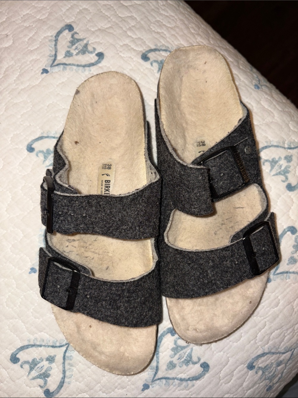 Birkenstock Dark Gray Felt Two-Strap Slide Sandals
